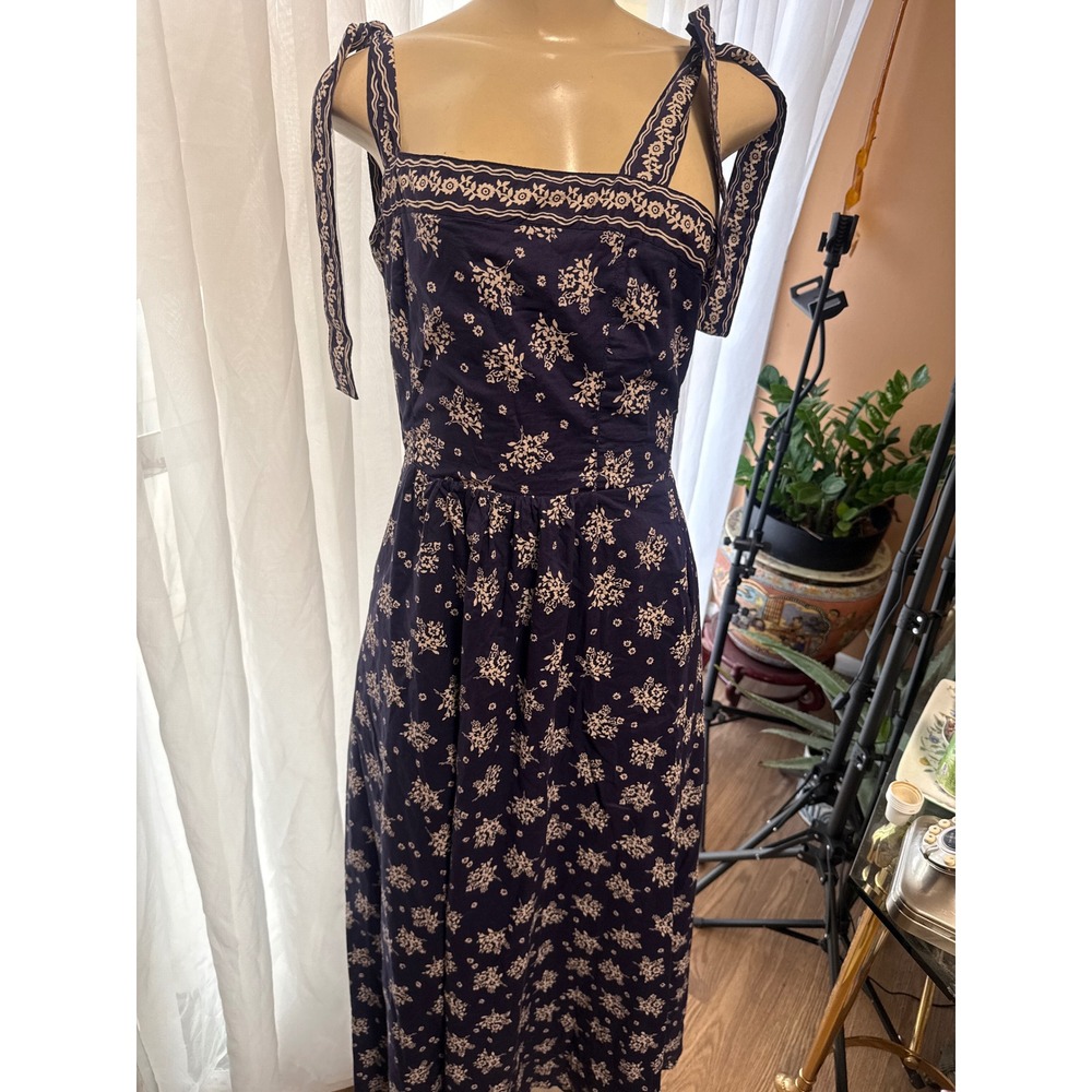 Navy Blue Floral Tie Shoulder Smocked Back Cotton Midi Dress